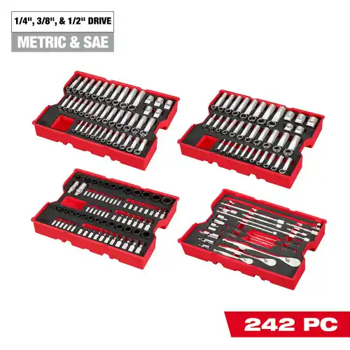 Milwaukee Tool 48-22-9490 242pc. 1/4, 3/8, & 1/2 Drive Metric & SAE Ratchet & Socket Set with Trays for PACKOUT Drawers One Day Deal