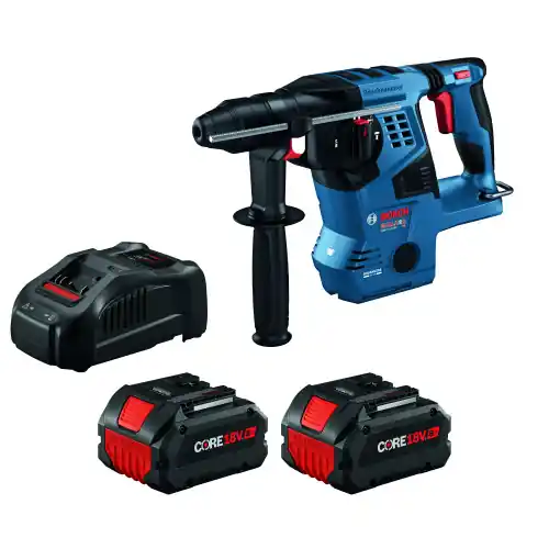 Fresh Stock Bosch GBH18V-28CK28 18V Brushless Connected-Ready SDS-plus Bulldog 1-1/8 In. Rotary Hammer with (2) CORE18V 8 Ah High Power Batteries